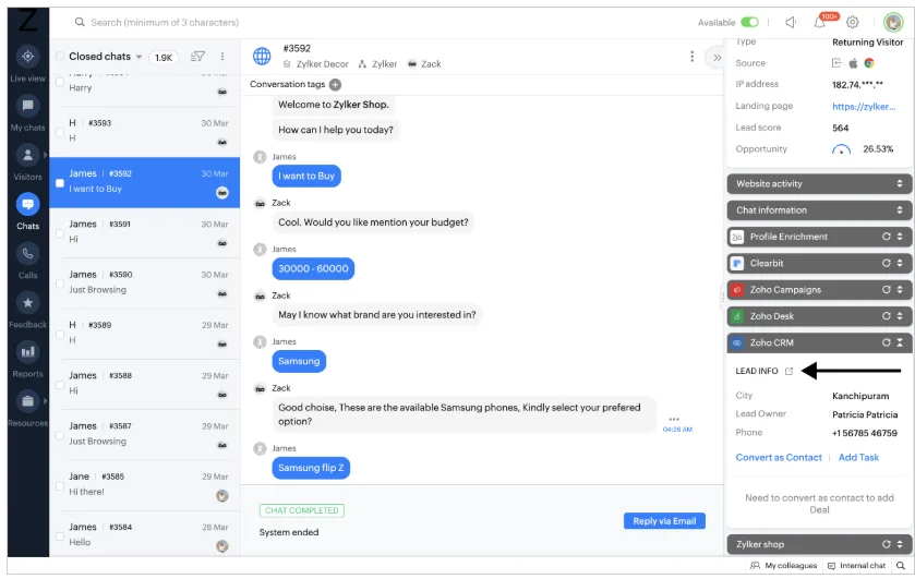 tích hợp Zoho CRM với Zoho SalesIQ 