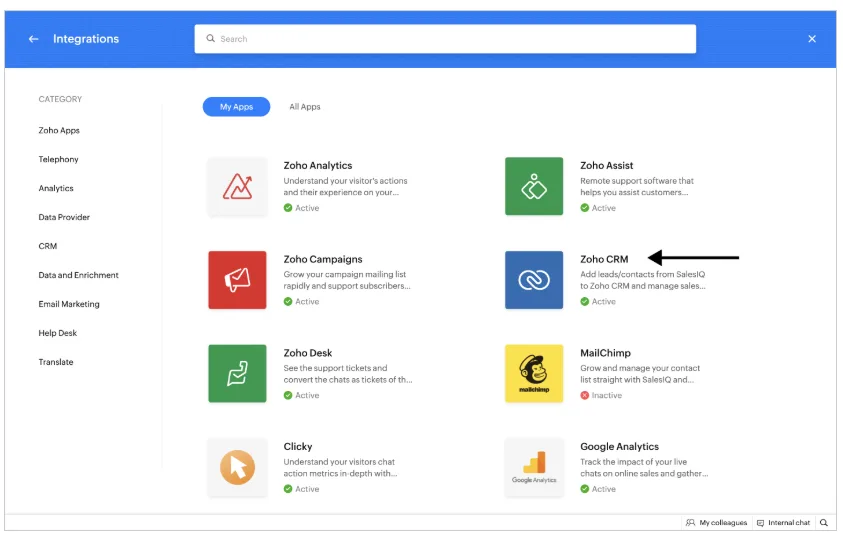 tích hợp Zoho CRM với Zoho SalesIQ 